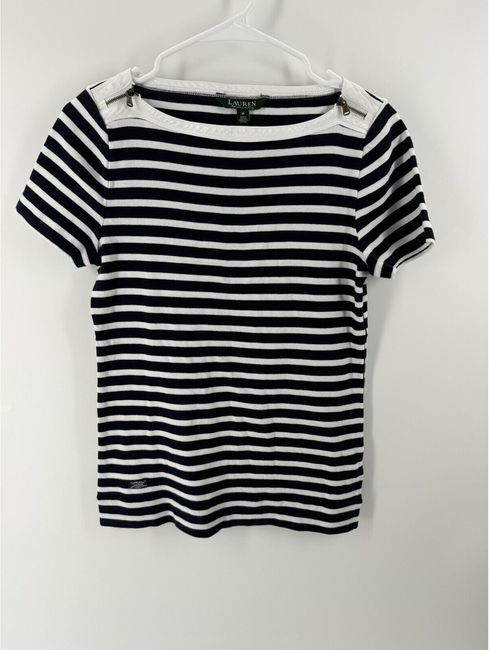 Ralph Lauren Top Women's Size M Striped Boat Neck 3/4 Sleeve Cotton Shoulder Zip